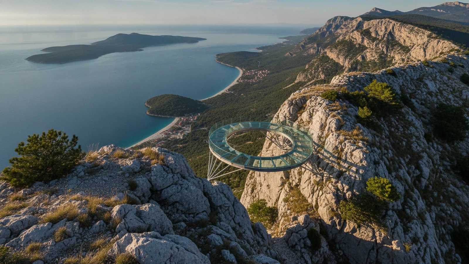 Skleněná vyhlídka Skywalk Biokovo nad vápencovým útesem s výhledem na Makarskou riviéru a ostrovy