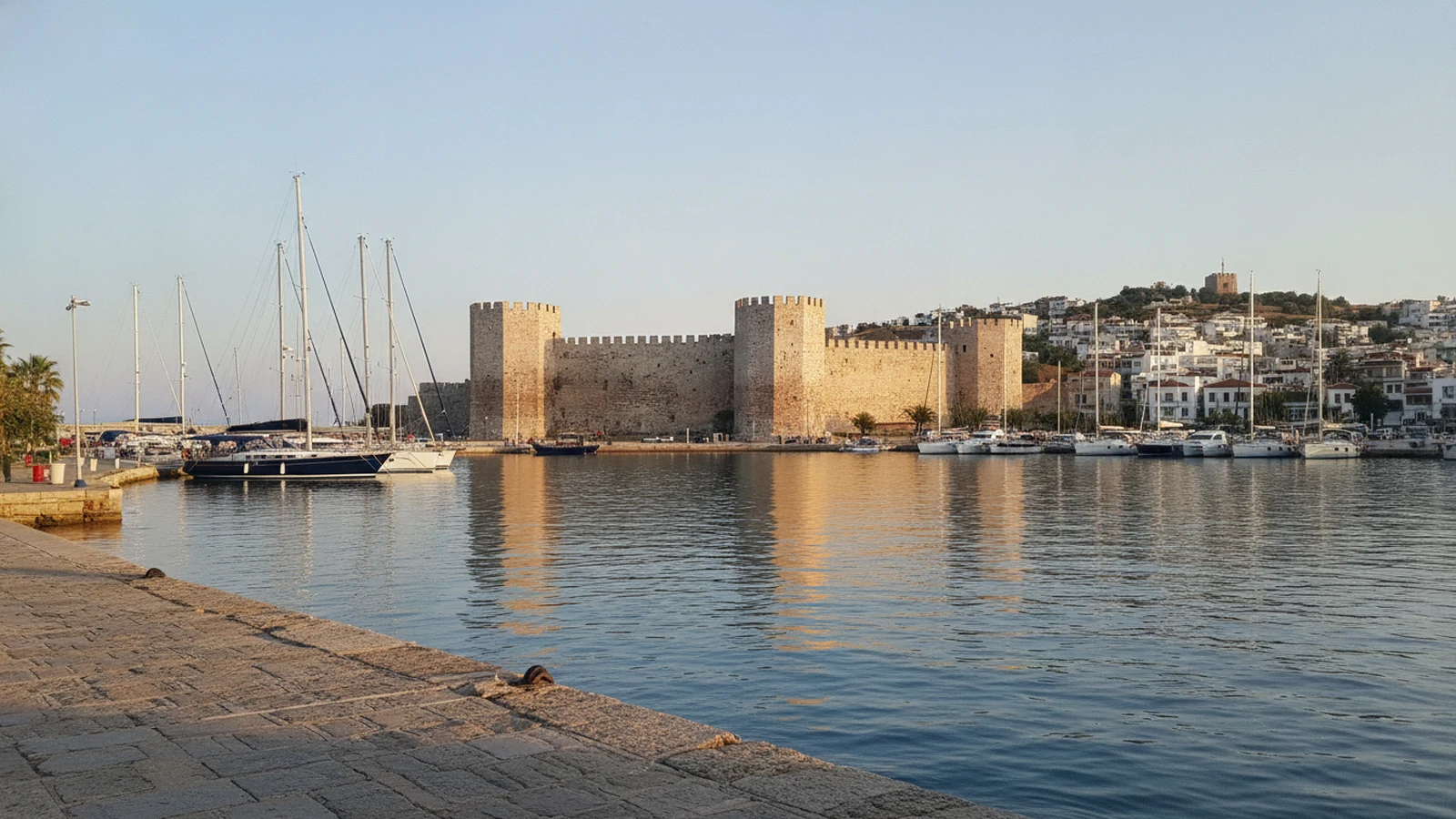 Kamenný hrad Çeşme s cimbuřím nad marinou a bílými domy na svahu