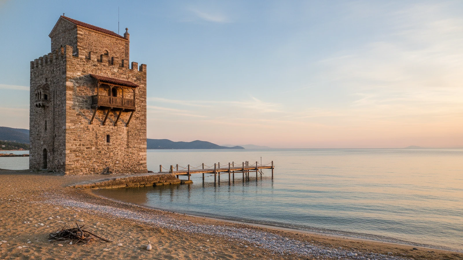 Byzantská věž Prosforios na břehu moře v Ouranoupoli na Chalkidiki