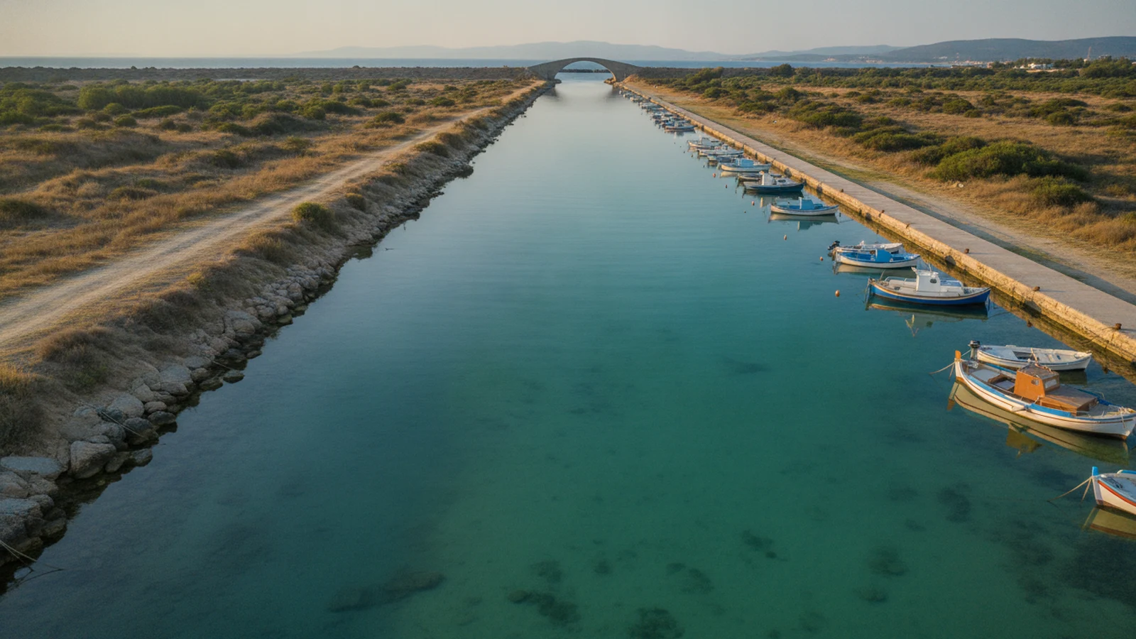 Průplav v Nea Potidea s mostem na poloostrov Kassandra na Chalkidiki