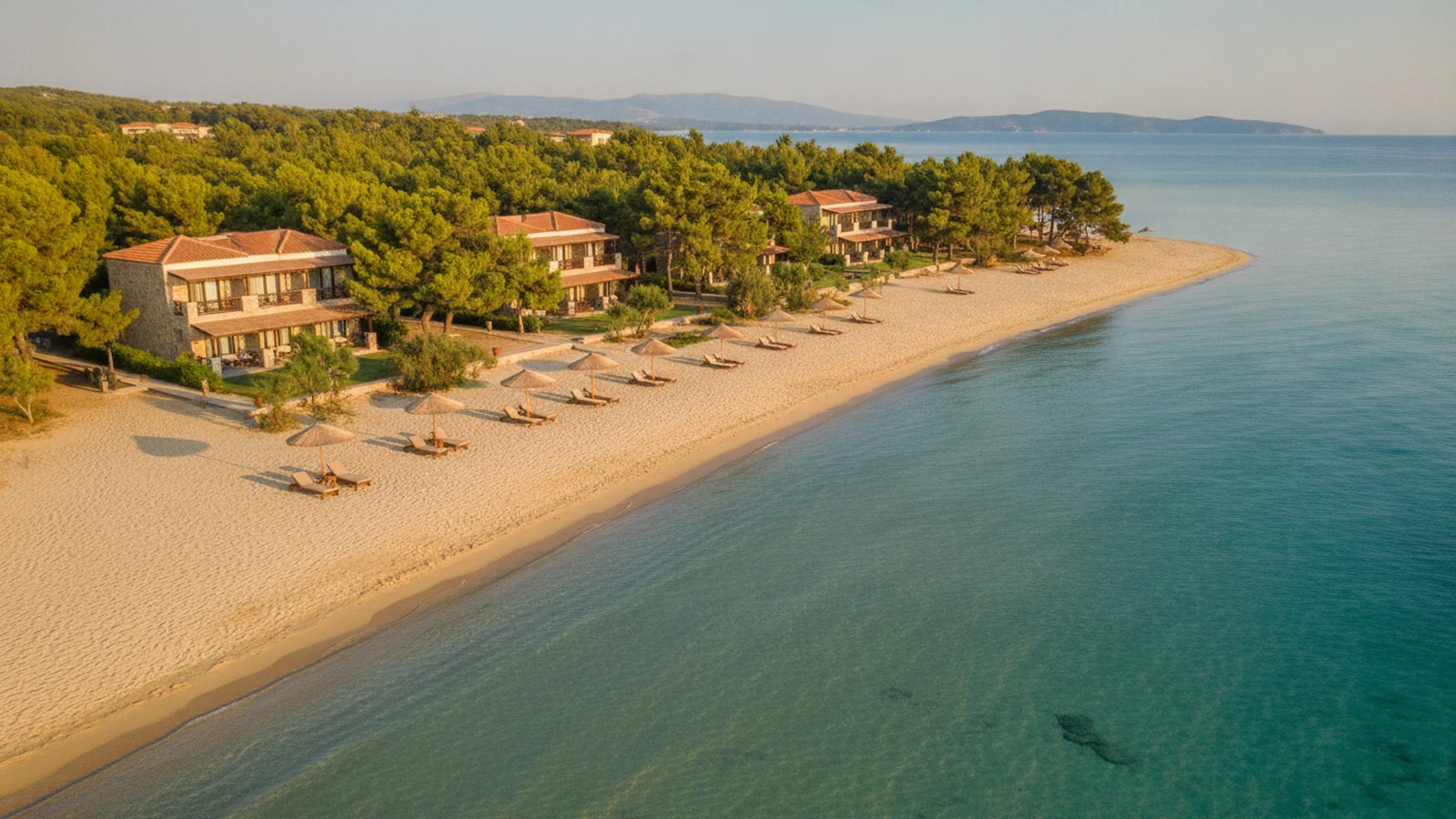 Nízké hotelové budovy mezi borovicemi nad písečnou pláží Toronského zálivu na Chalkidiki