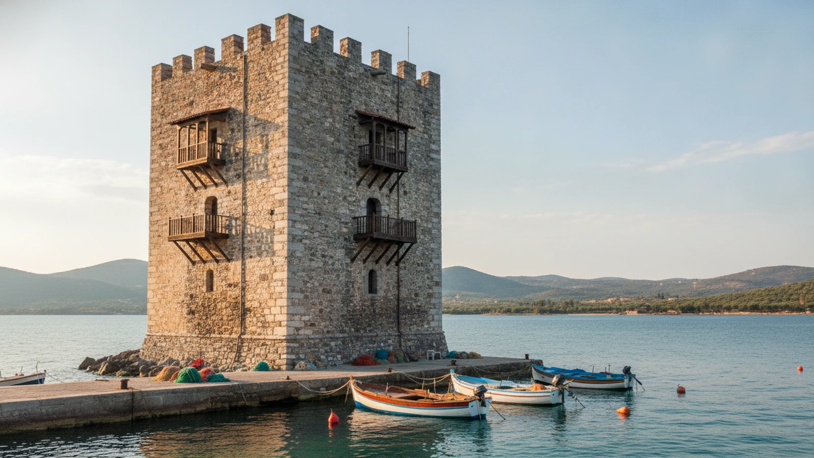 Kamenná byzantská věž Prosforios u přístavu v Ouranoupoli na Chalkidiki, odkud vyplouvají lodě podél Athosu