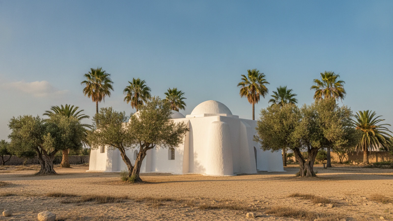 Bílá mešita s kopulí mezi olivovníky a palmami na ostrově Djerba