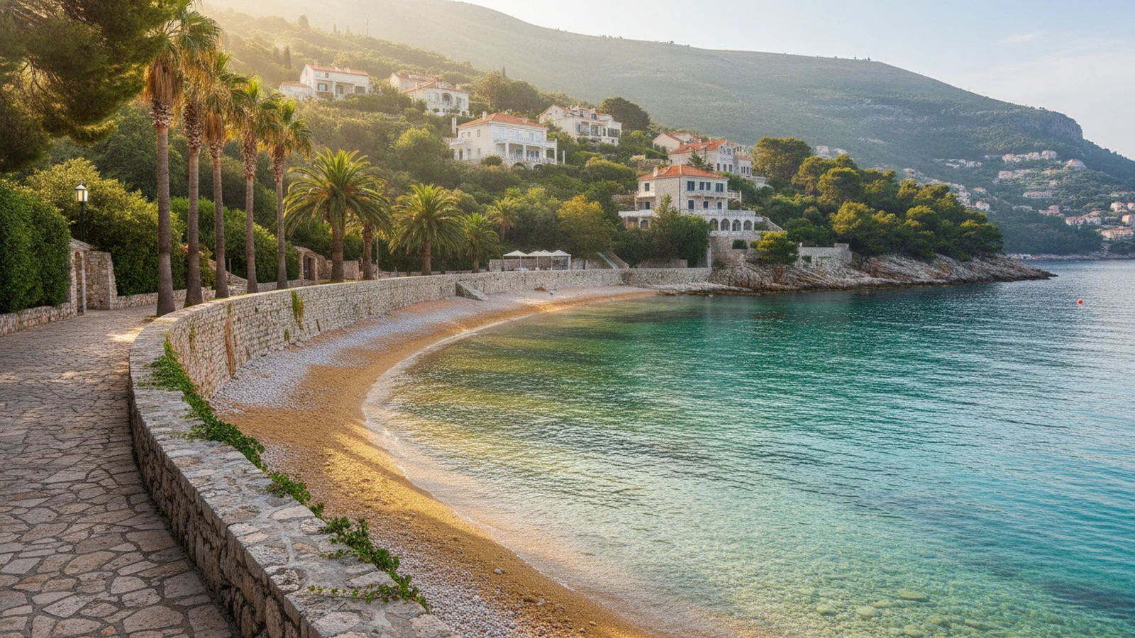 Zátoka Uvala Lapad v Dubrovníku s promenádou pod borovicemi, pláží a kamennými vilami