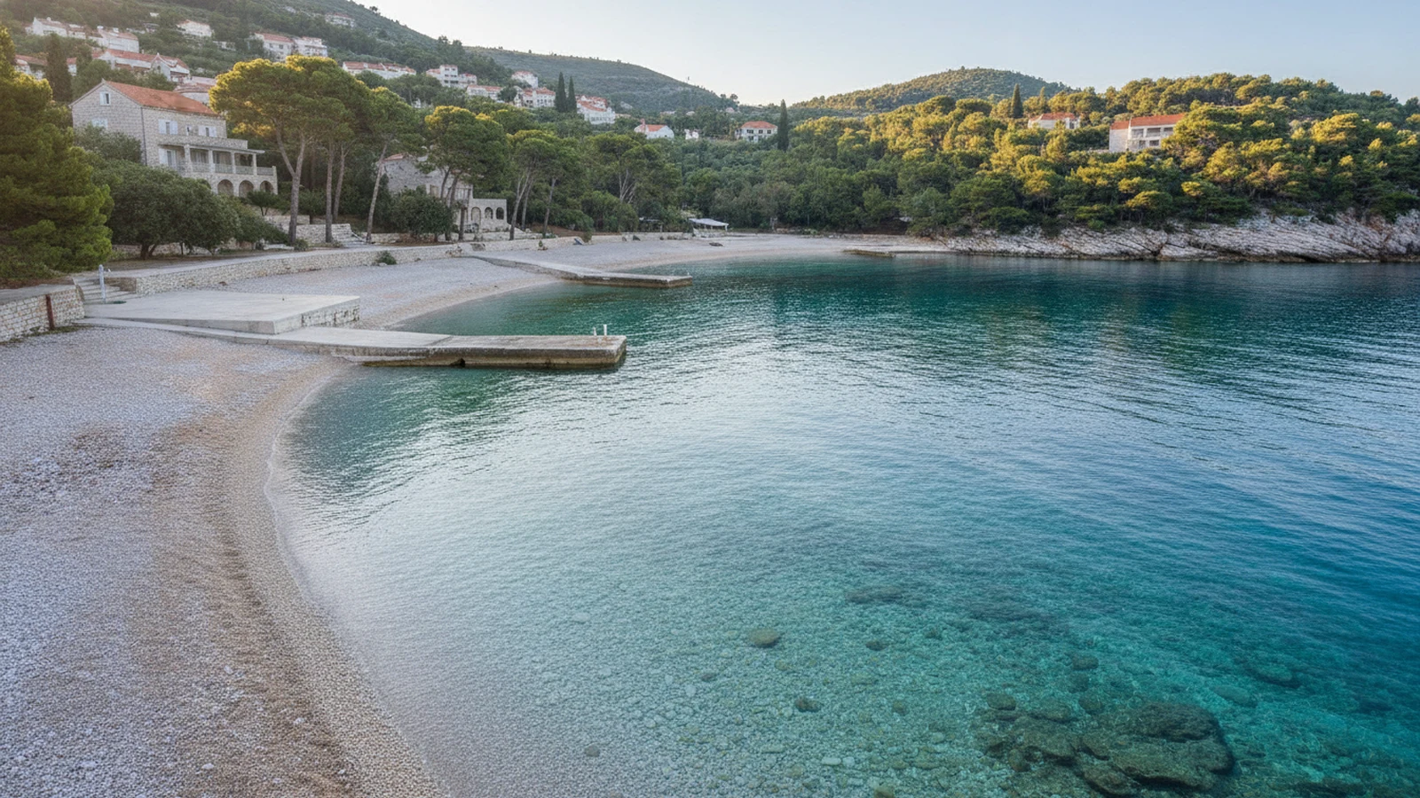 Mělká zátoka Uvala Lapad v Dubrovníku s pozvolným vstupem do průzračného moře a borovicemi
