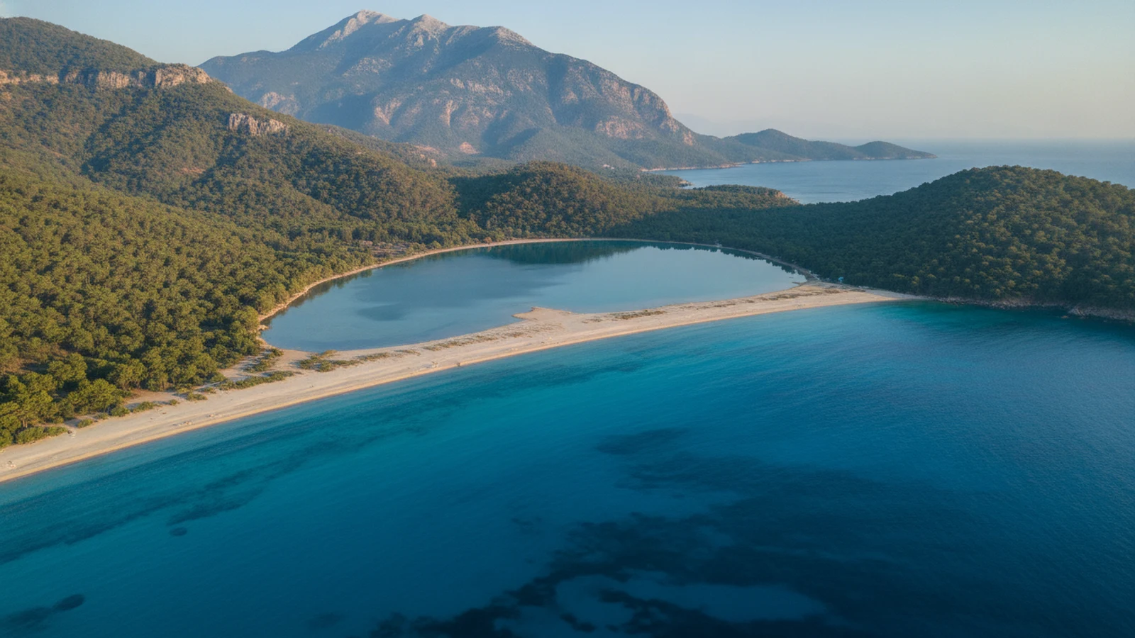 Laguna Ölüdeniz u Fethiye s písečnou kosou a zalesněnými svahy