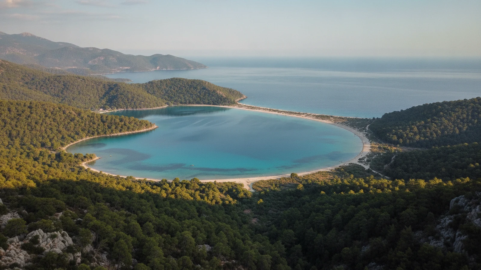 Laguna Ölüdeniz a písečná kosa Kumburnu při pohledu ze svahu hory Babadağ