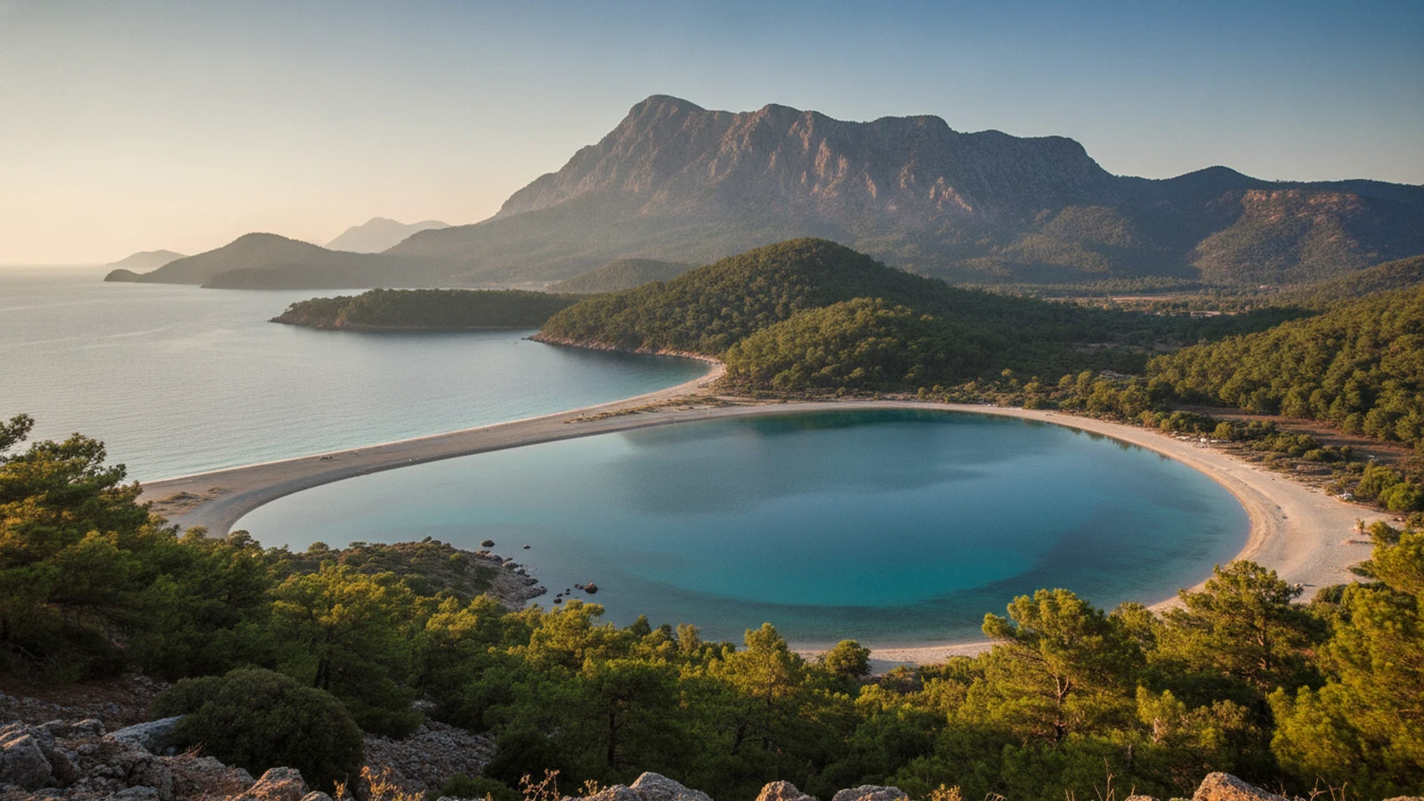 Laguna Ölüdeniz s písčitým výběžkem Kumburnu a horou Babadağ v pozadí