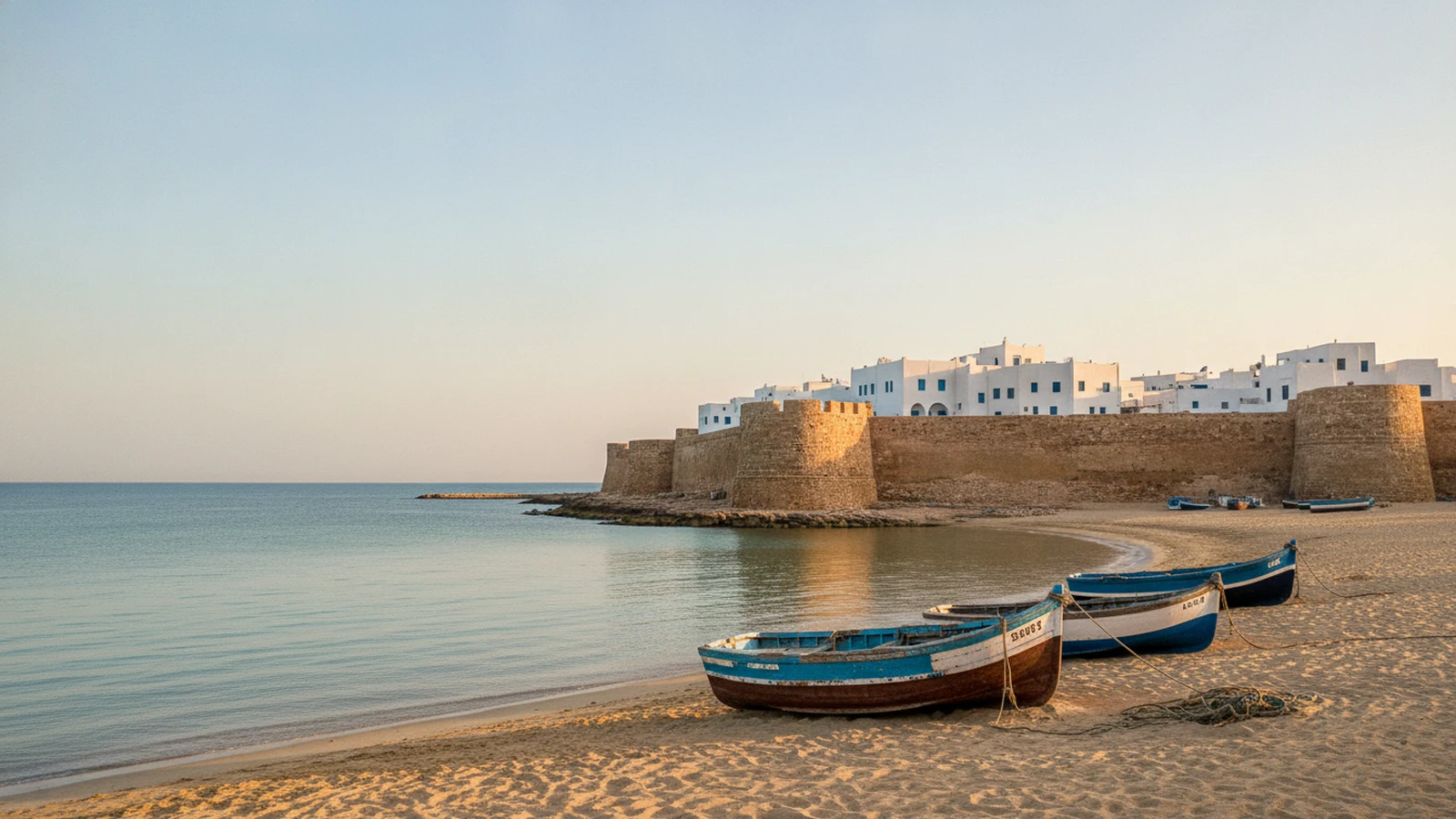 Hradby mediny a kasba v Hammametu nad pláží u Hammametského zálivu