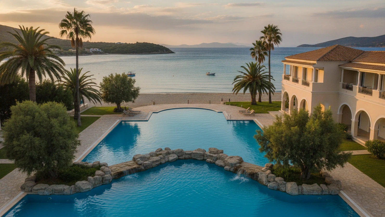Hotel Ilio Mare mezi palmami u písečné pláže Dasyllio na Thassosu