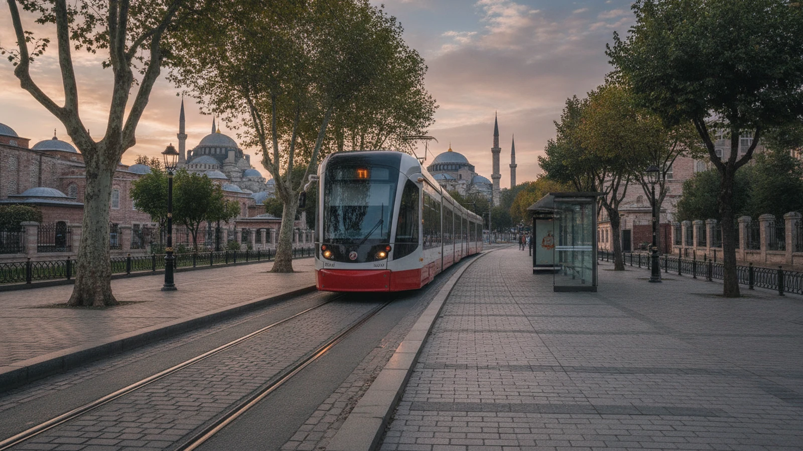 Tramvaj linky T1 na dlážděné ulici u zastávky Sultanahmet v Istanbulu
