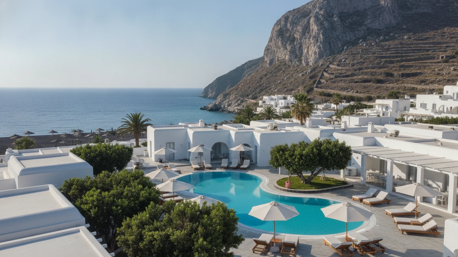 Bílý kykladský areál hotelu Santorini Kastelli Resort s bazénem v Kamari pod kopcem Mesa Vouno
