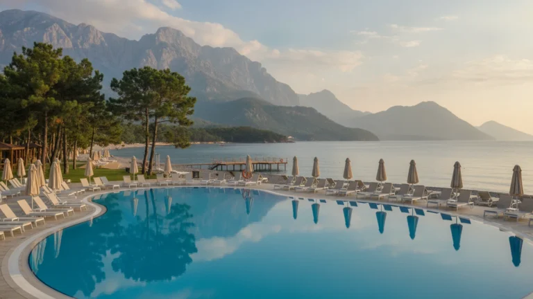 Bazén hotelového resortu v Kemeru s lehátky, borovicemi a horami Beydağları v pozadí