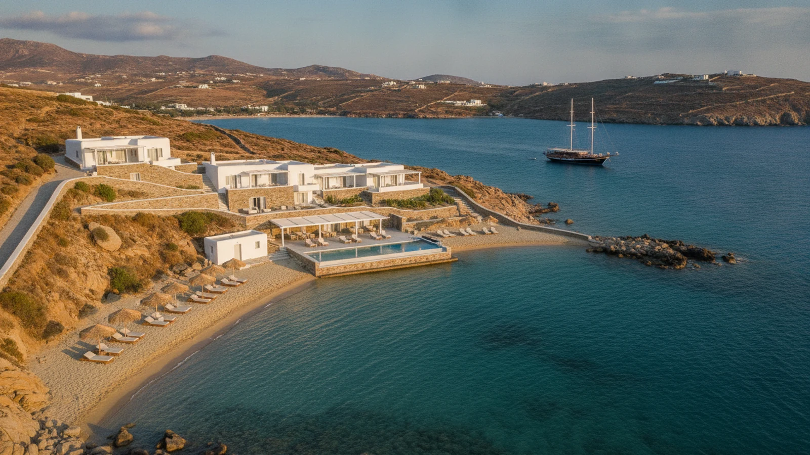 Bílý kykladský hotel na svahu nad malou písečnou zátokou v zálivu Ornos na Mykonu