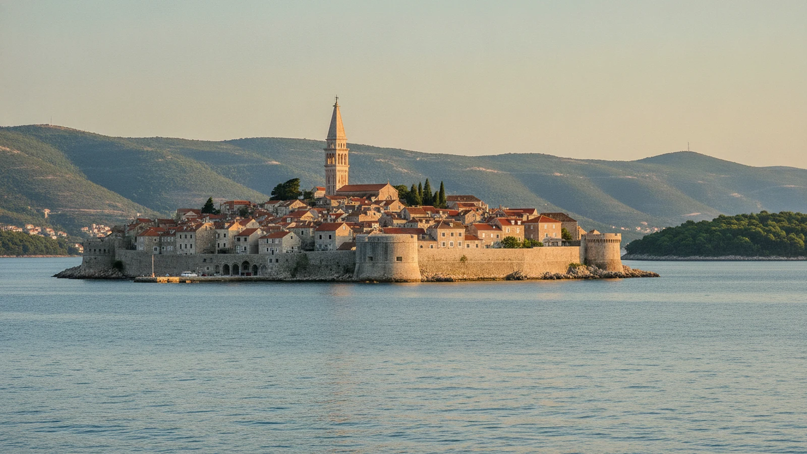Opevněné staré město Korčula s věží katedrály sv. Marka a hradbami nad Pelješkým kanálem