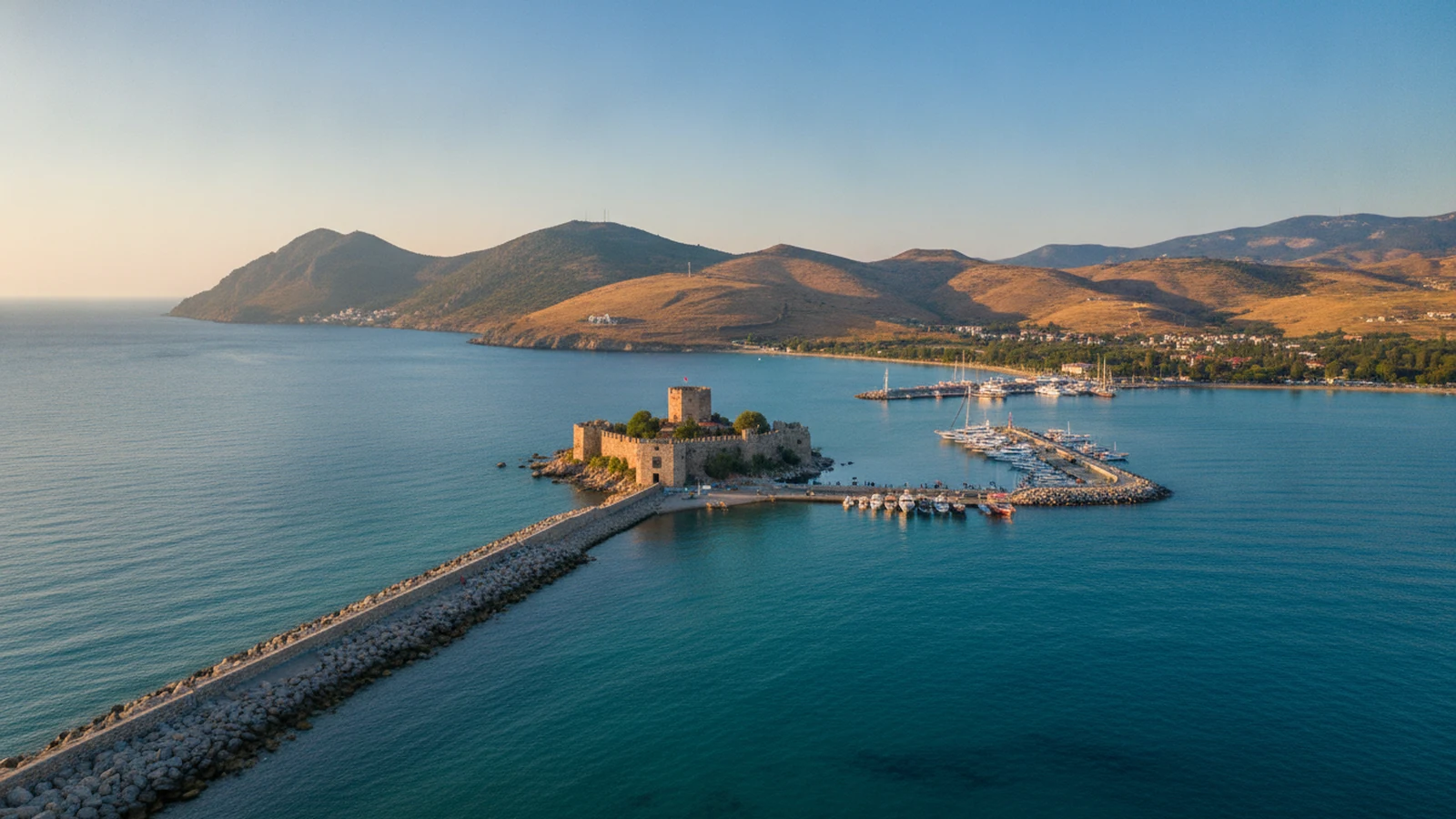 Ostrůvek Güvercinada s kamennou pevností u přístavu v Kuşadası