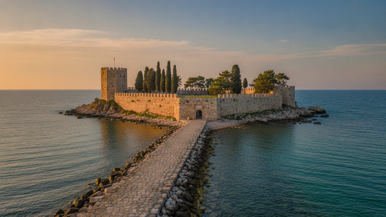 Holubí ostrov Güvercinada v Kuşadası s kamennou pevností a hrází vedoucí od nábřeží