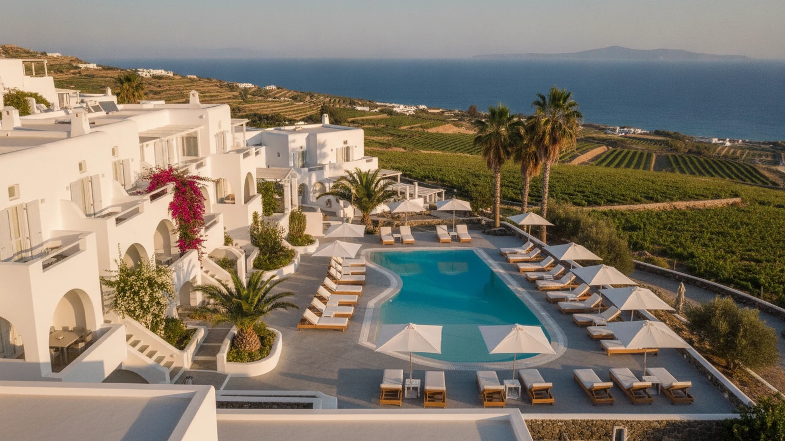 Bílé budovy hotelu s bazénem a lehátky na okraji Firy na Santorini, v dálce vinice a moře