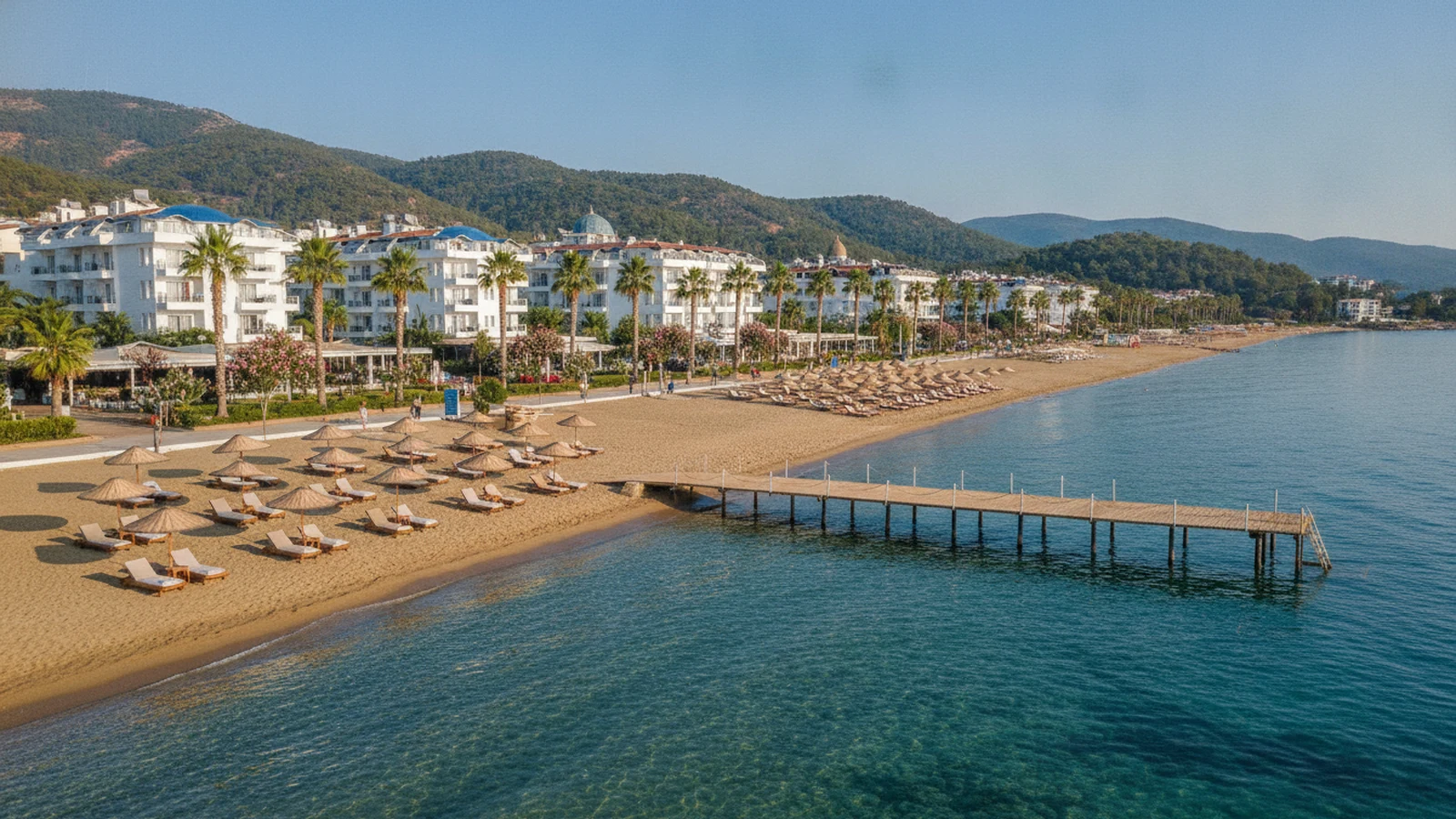 Úzká písečná pláž s lehátky a dřevěným molem před hotely v Siteleru v Marmarisu