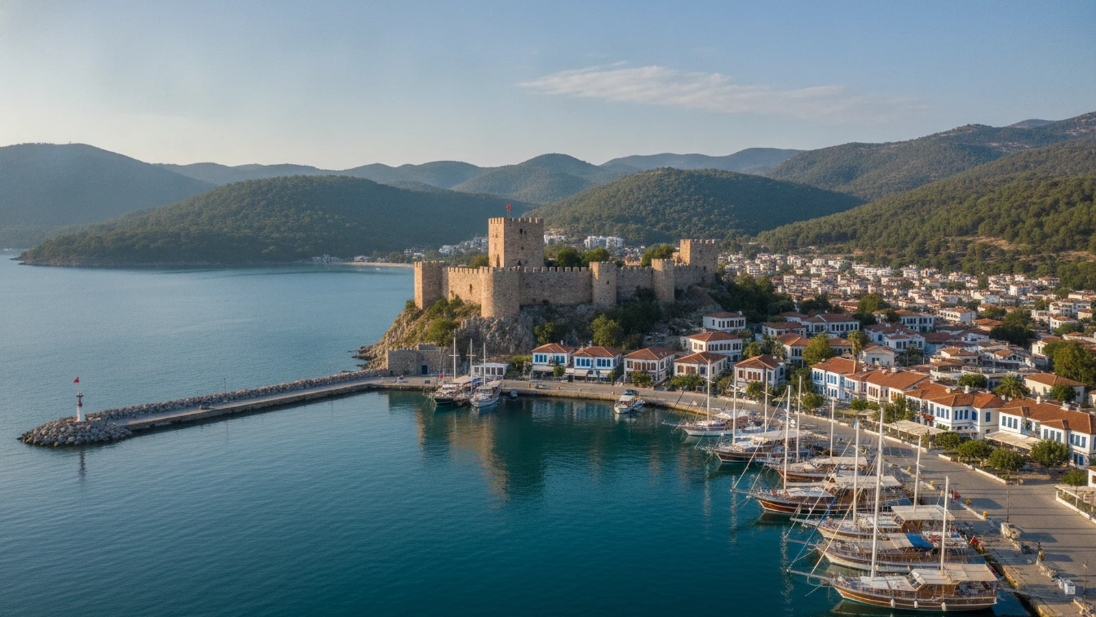 Kamenný hrad Marmaris nad přístavem s dřevěnými loděmi a borovými kopci kolem zátoky