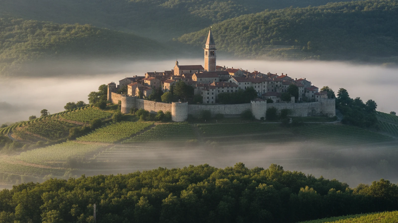 Motovun na kopci nad údolím řeky Mirny s hradbami a zvonicí