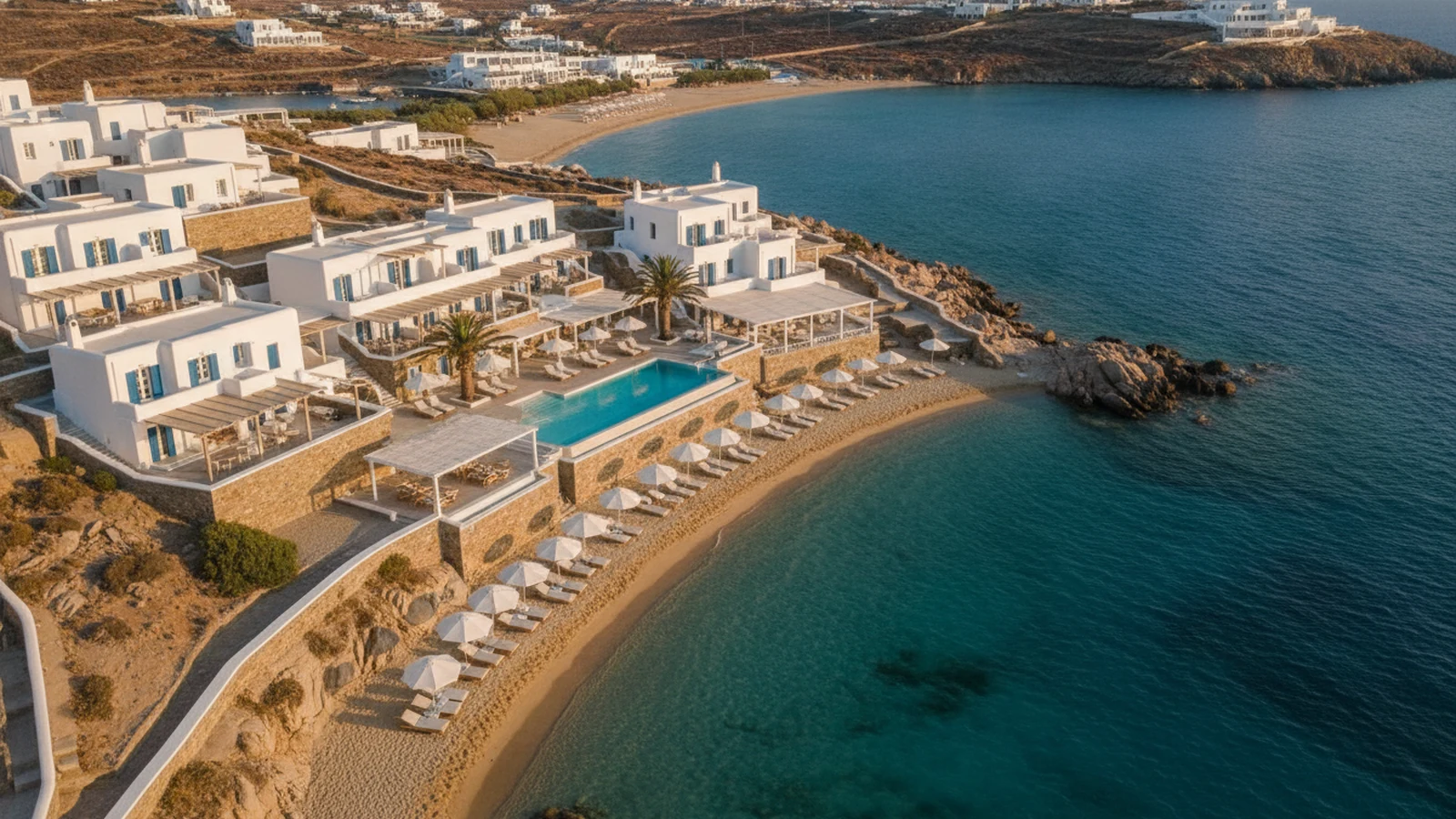 Bílý kykladský hotel Myconian Ambassador ve svahu nad pláží Platis Gialos na Mykonu