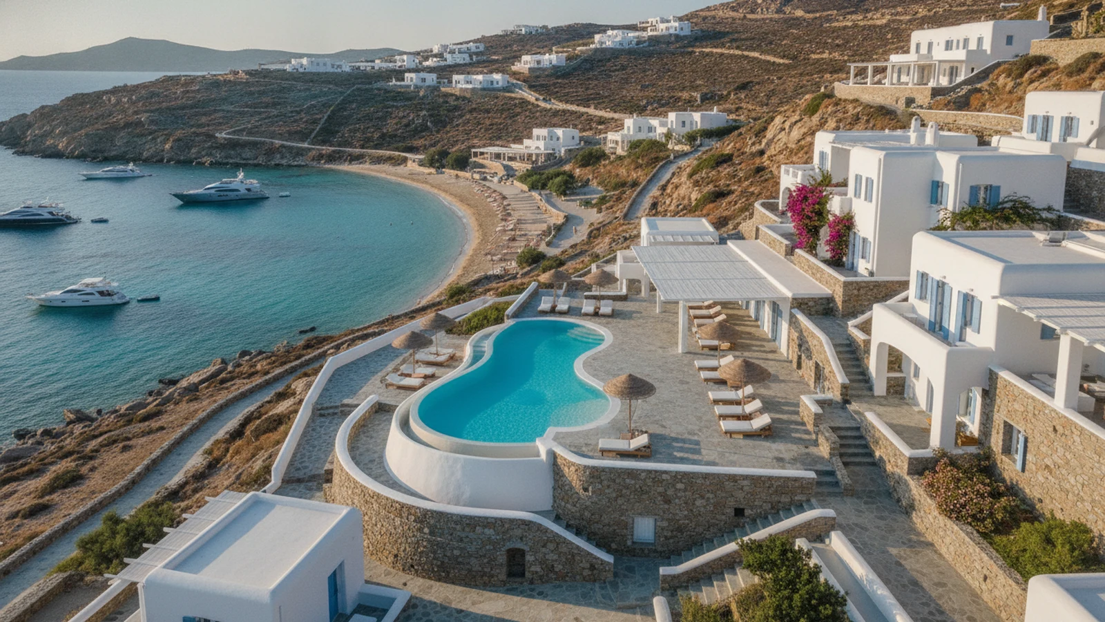 Bílé kykladské bungalovy hotelu ve svahu nad pláží Psarou na Mykonu