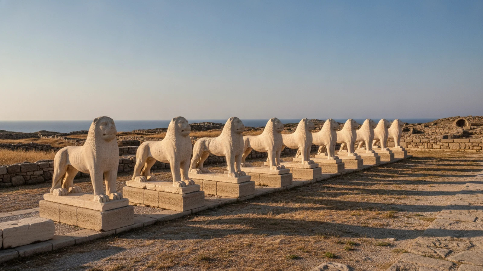 Mramoroví lvi na Terase lvů v archeologickém areálu na ostrově Délos