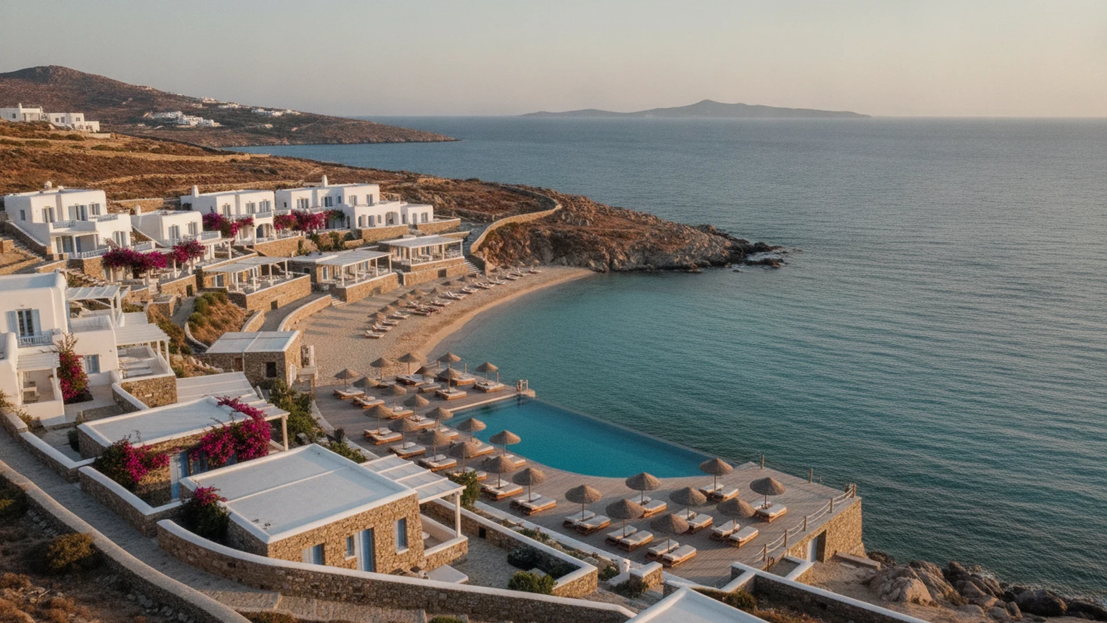Bílý kykladský resort ve svahu nad pláží Agios Ioannis na Mykonu s bazénem a výhledem na ostrov Délos