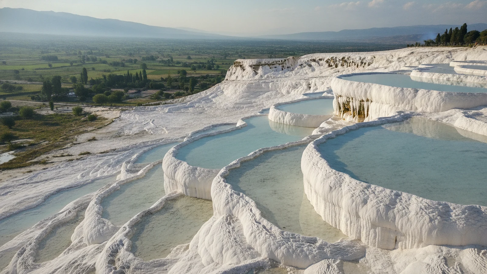 Bílé travertinové terasy Pamukkale s mělkými tyrkysovými bazénky nad údolím