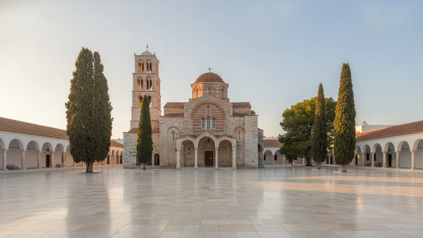 Byzantský kostel Panagia Ekatontapyliani v Parikii s kupolemi a nádvořím