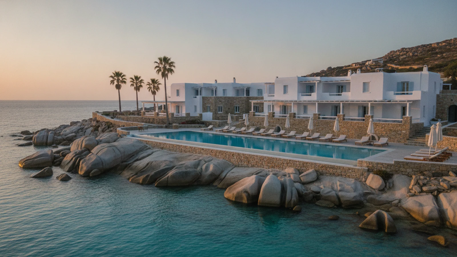 Nízký bílý kykladský hotel s bazénem nad zálivem Kolymbithres u Naoussy na Paru