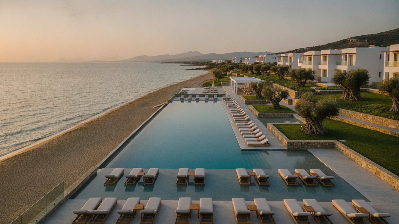 Hotelový resort s mořským bazénem nad písečnou pláží u Nea Potidea na Chalkidiki
