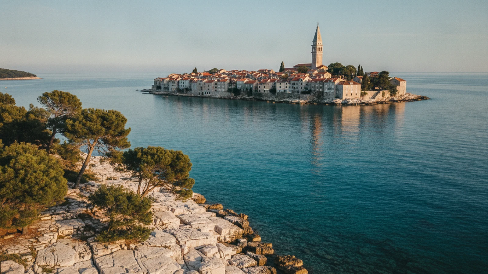 Staré město Poreč se zvonicí Eufrasiovy baziliky za klidného letního rána