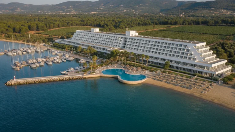 Hotel Porto Carras Meliton u Neos Marmaras na Sithonii: bílá budova mezi marinou a písečnou pláží