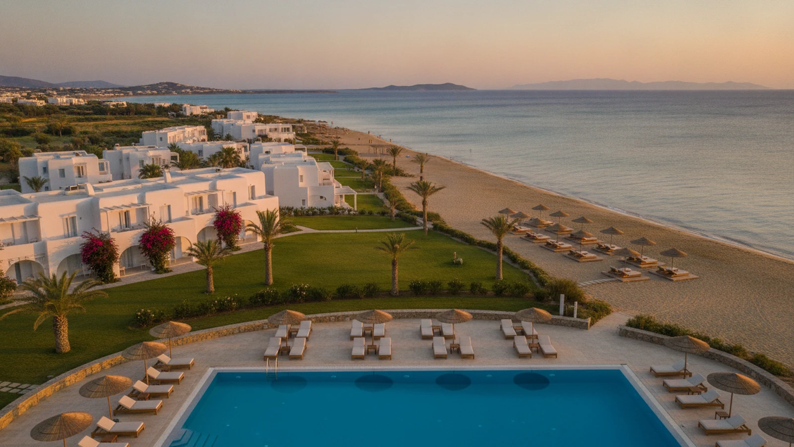 Bílé kykladské budovy hotelu s bazénem a palmami u písečné pláže Chrysi Akti na Paru