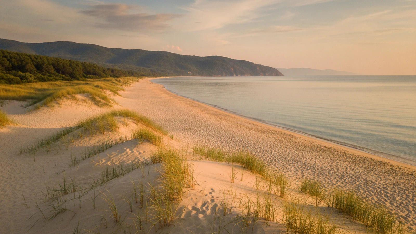 Široká písečná pláž v Primorsku s dunami a lesnatými kopci Strandži v pozadí
