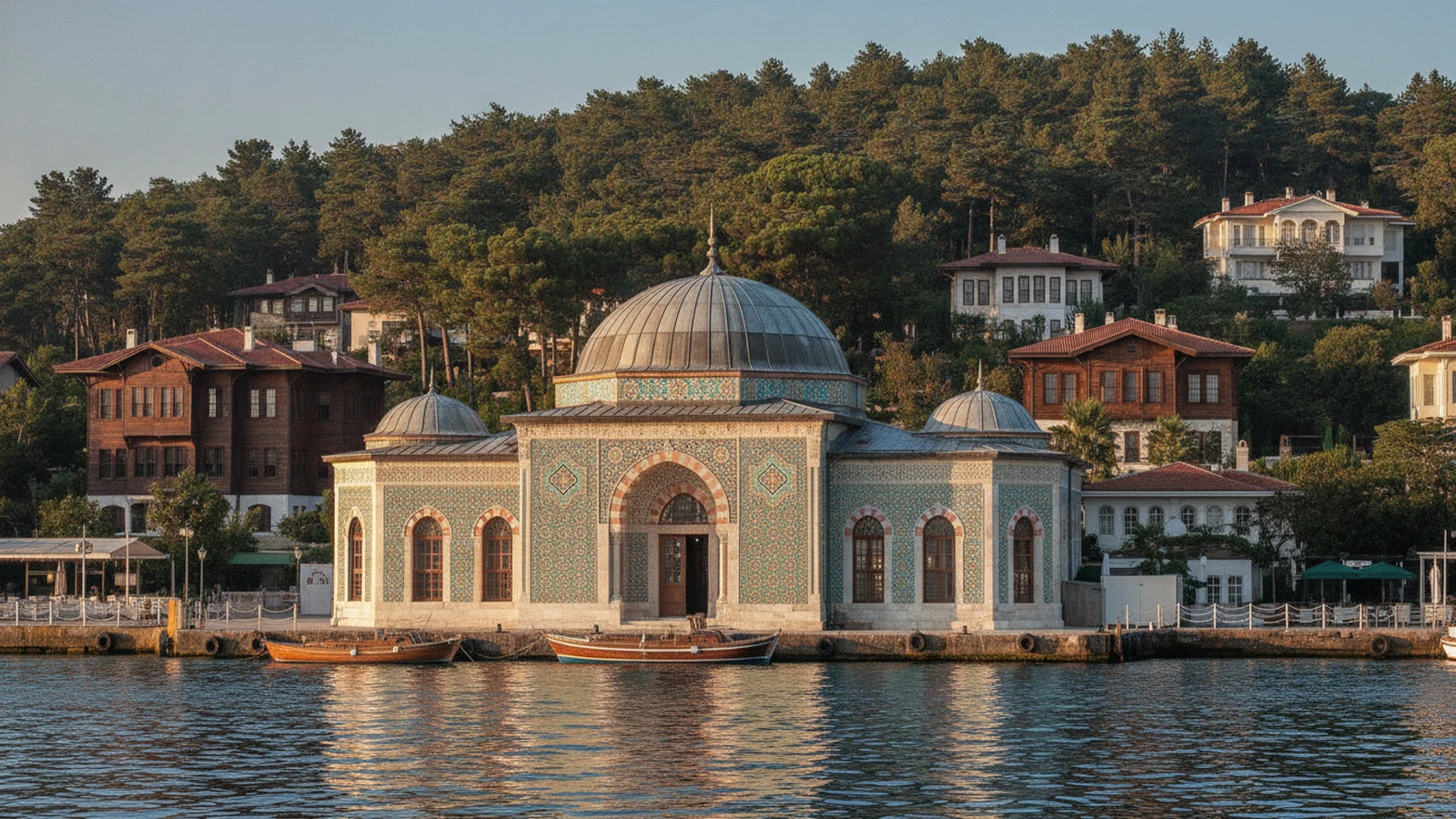 Historická budova přístaviště na ostrově Büyükada s dřevěnými vilami a borovým kopcem v pozadí