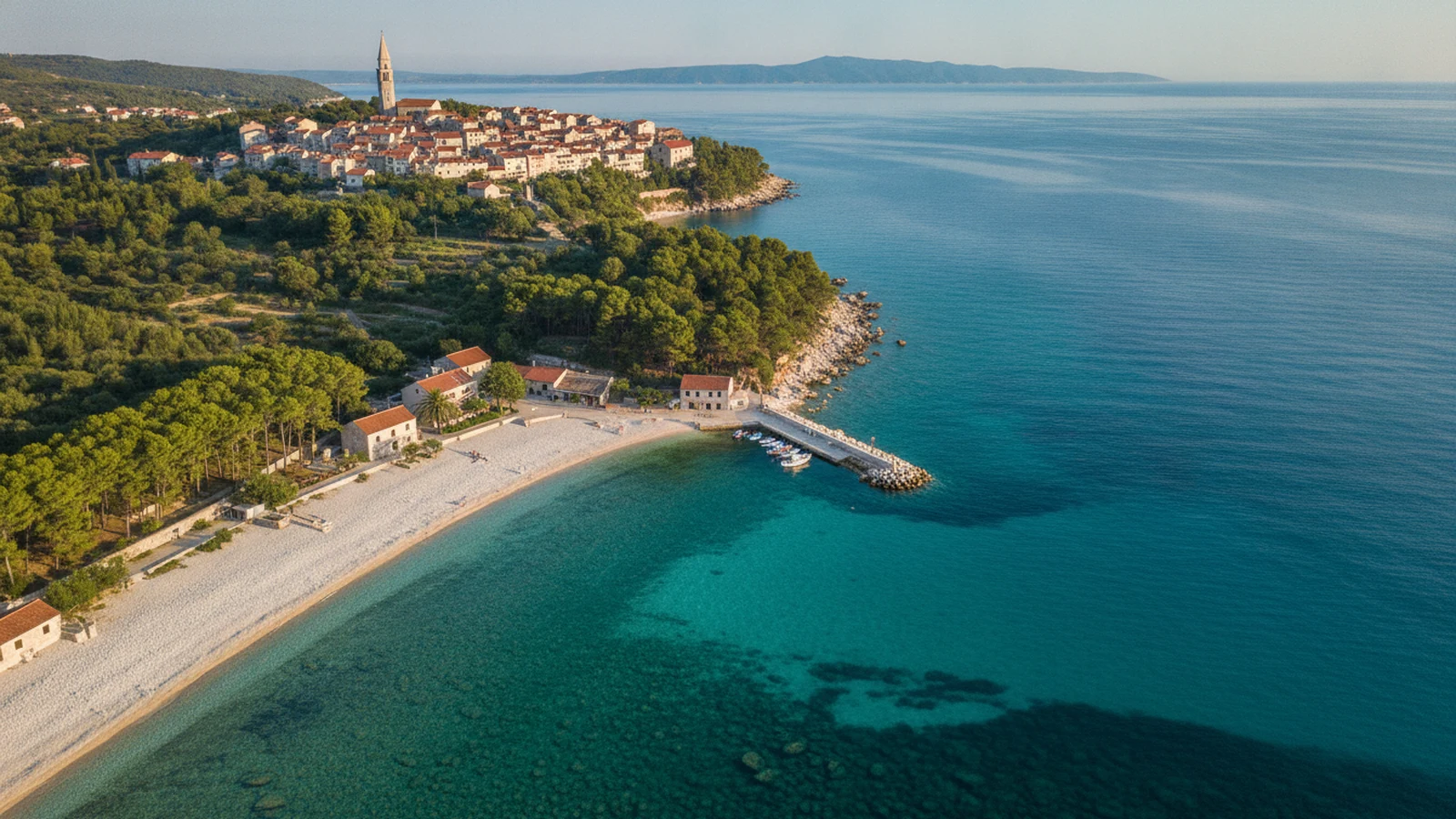 Oblázková zátoka v Rabaci s borovicemi a starým Labinem na kopci v pozadí