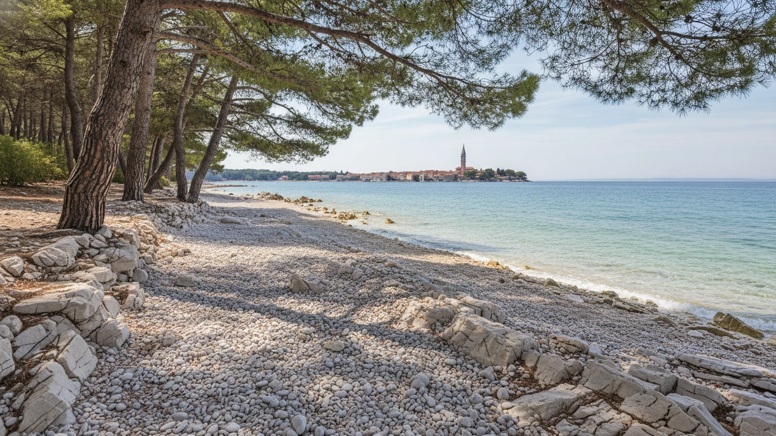 Oblázková pláž v zátoce Lone pod borovicemi lesoparku Zlatni rt s výhledem na Rovinj
