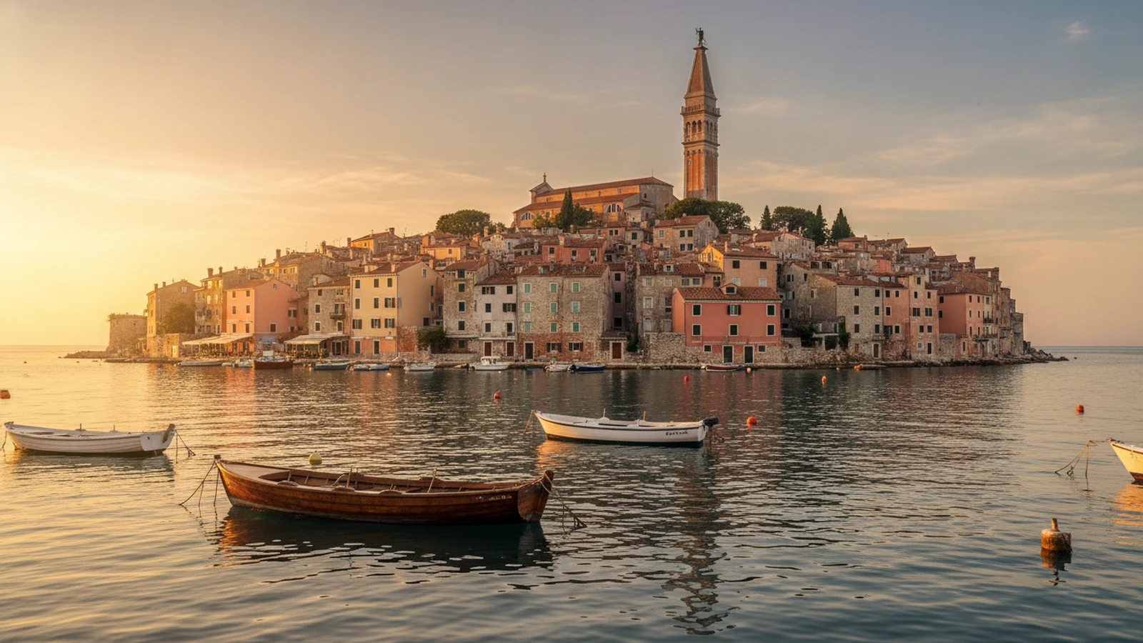 Staré město Rovinj na poloostrově se zvonicí kostela svaté Eufemie a batanami v přístavu