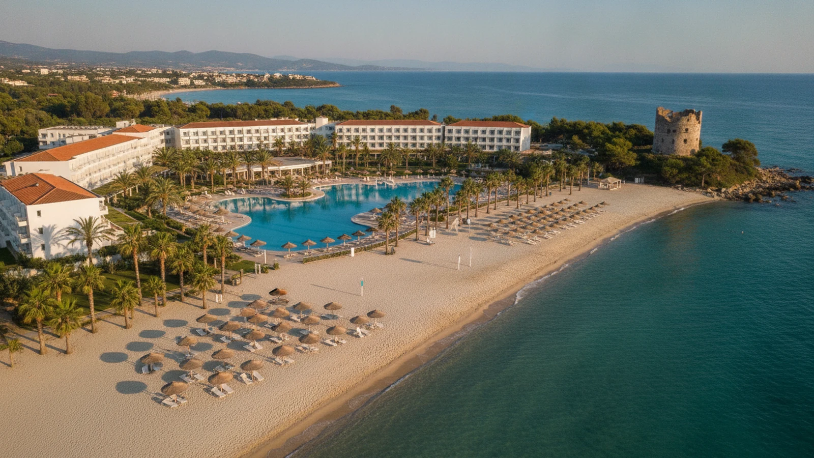Hotel Sani Beach na Kassandře: bazén s palmami, písečná pláž a kopec Sani Hill