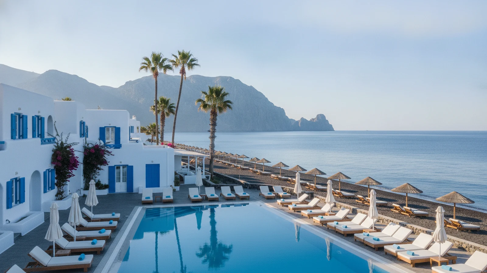 Resort s bazénem u černé písečné pláže Perivolos na Santorini