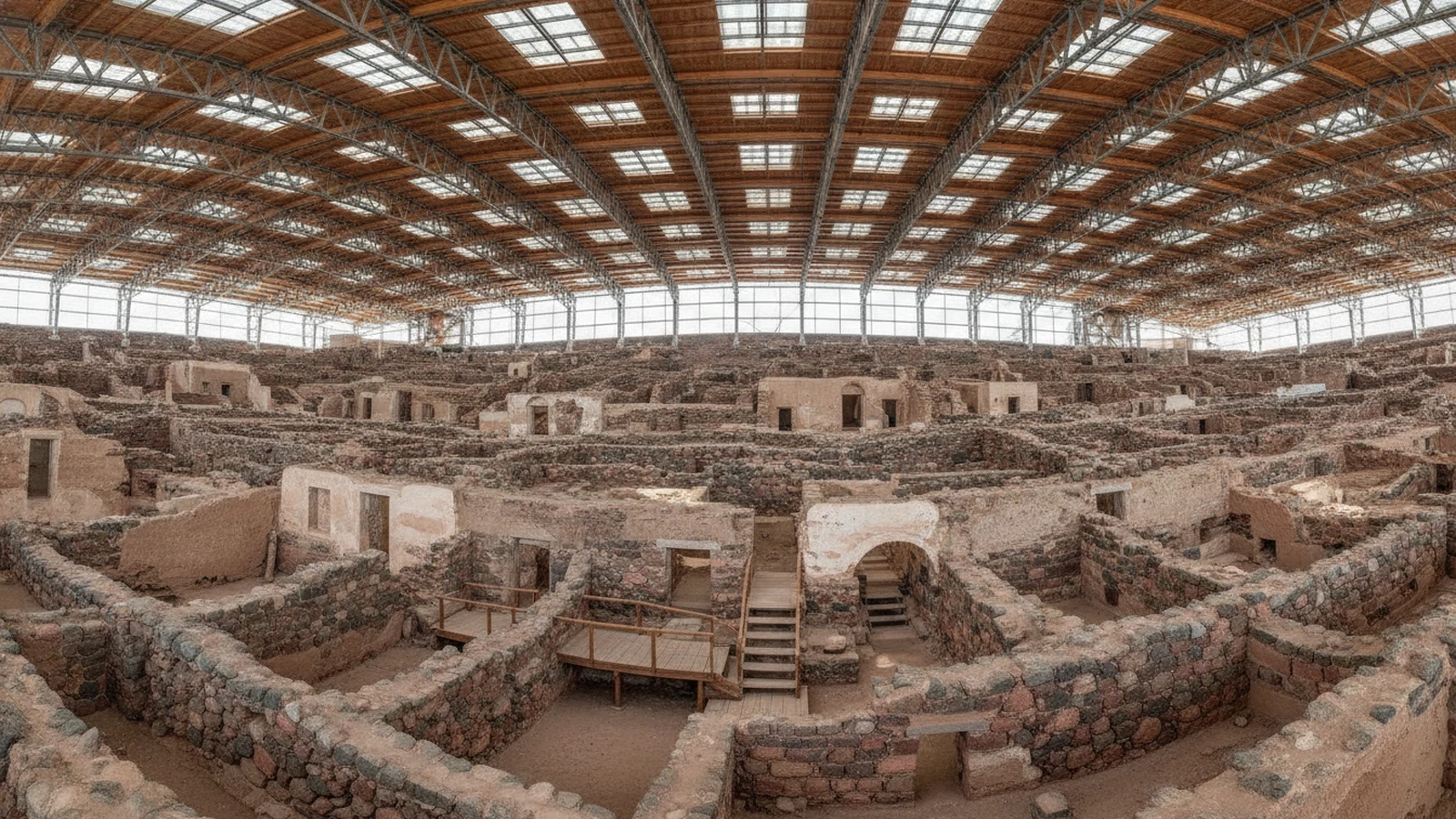 Vykopávky prehistorického města Akrotiri na Santorini pod ochranným zastřešením