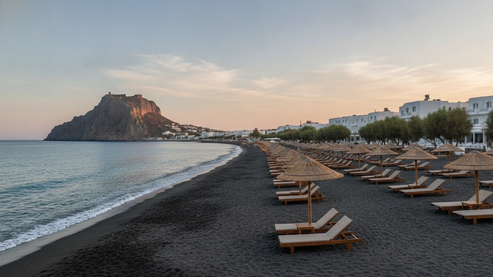 Černá pláž Kamari na Santorini se slunečníky, nízkými bílými hotely a skálou Mesa Vouno