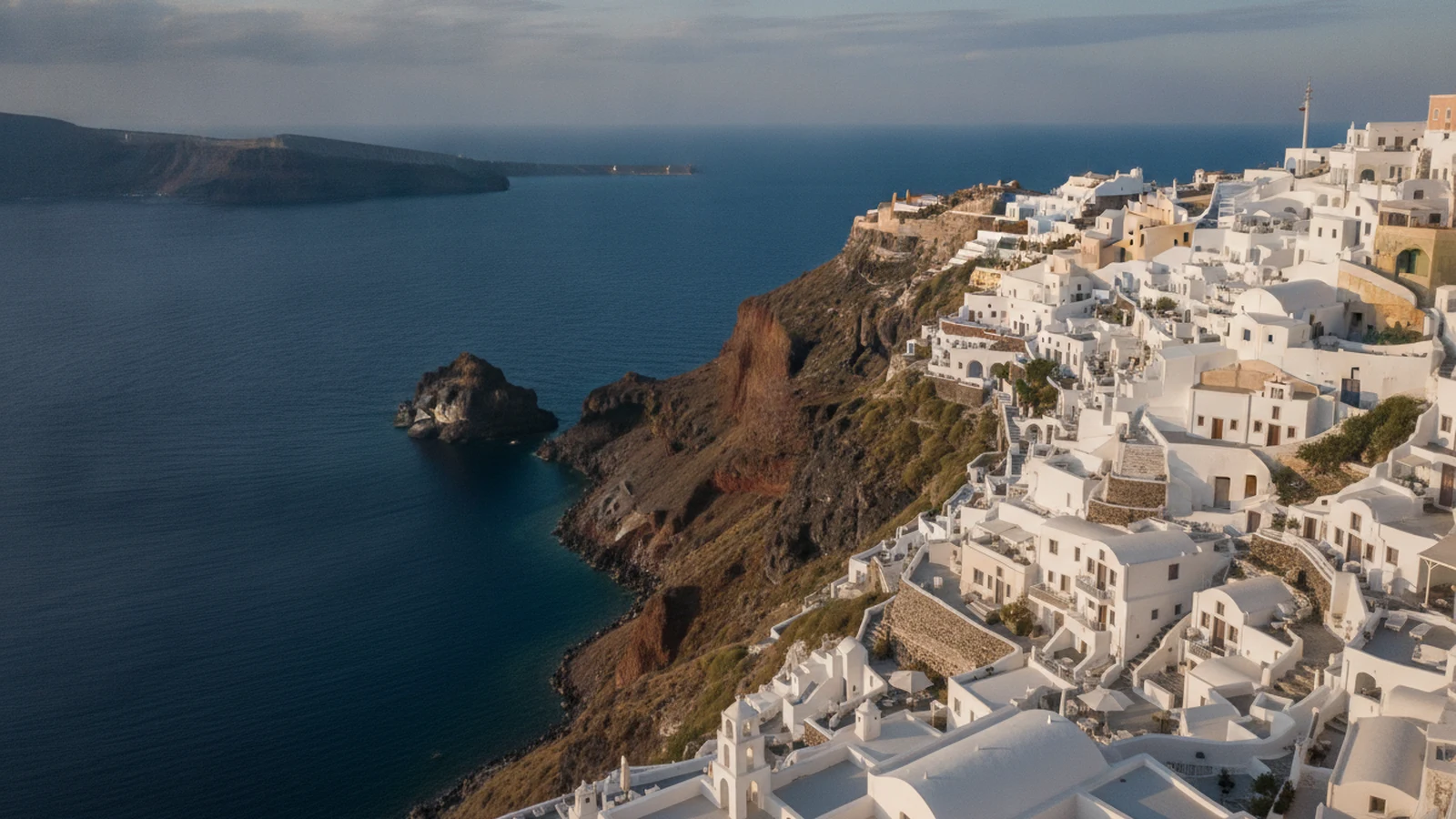 Bílé terasovité domy v Imerovigli na hraně kaldery Santorini se skálou Skaros