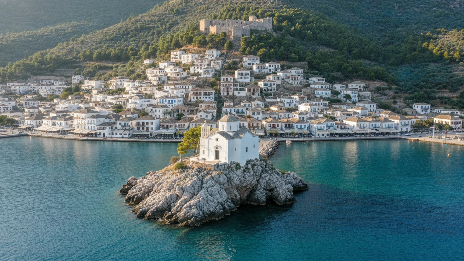 Bílý kostel Panagitsa tou Pyrgou na skále u vjezdu do přístavu a domy města Skopelos stoupající k benátskému hradu
