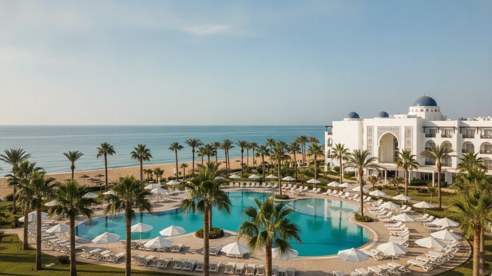 Bazén mezi palmami a bílá hotelová budova s modrými kupolemi v Port El Kantaoui u Sousse