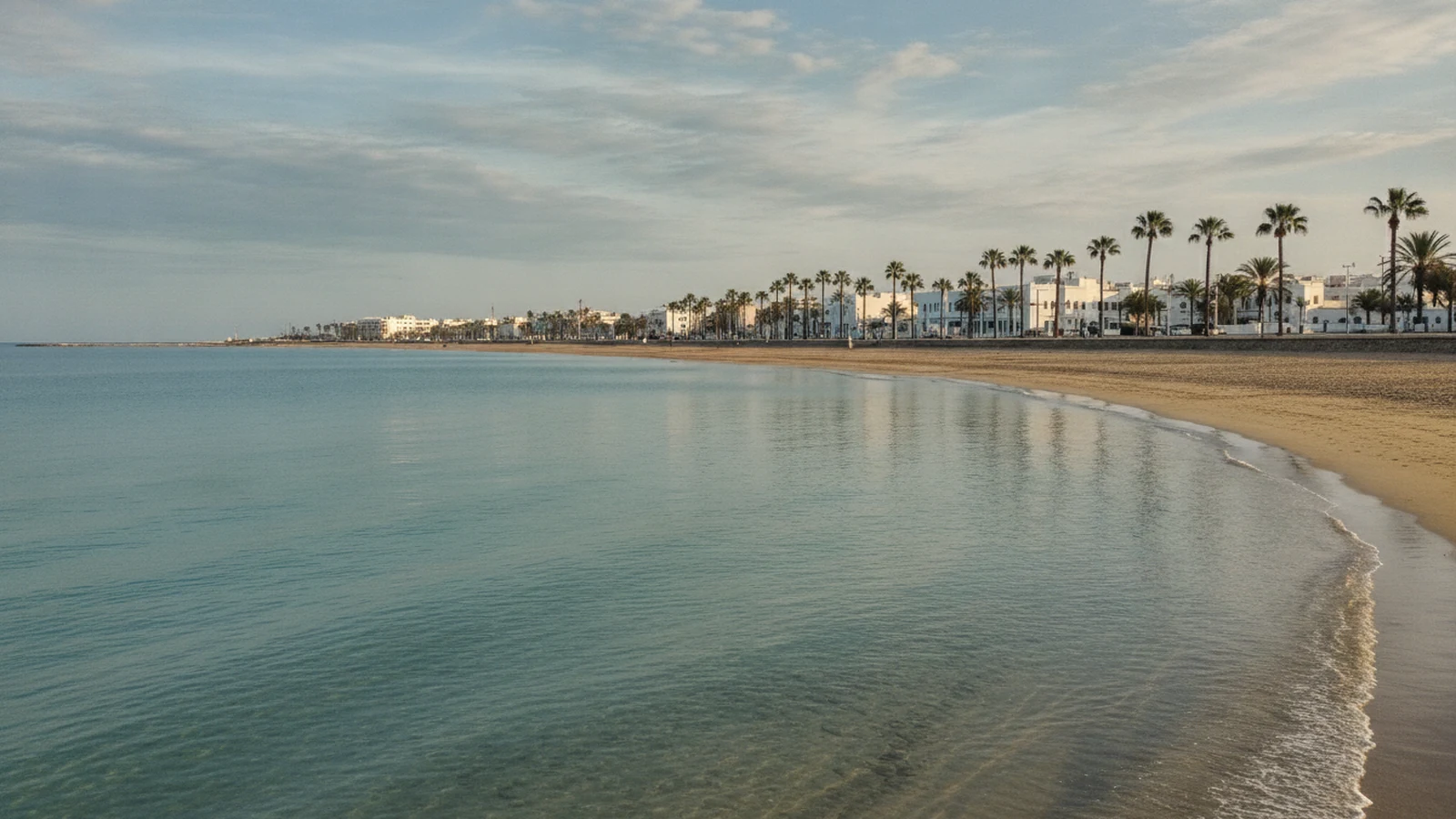 Písečná městská pláž v Sousse s palmami podél promenády
