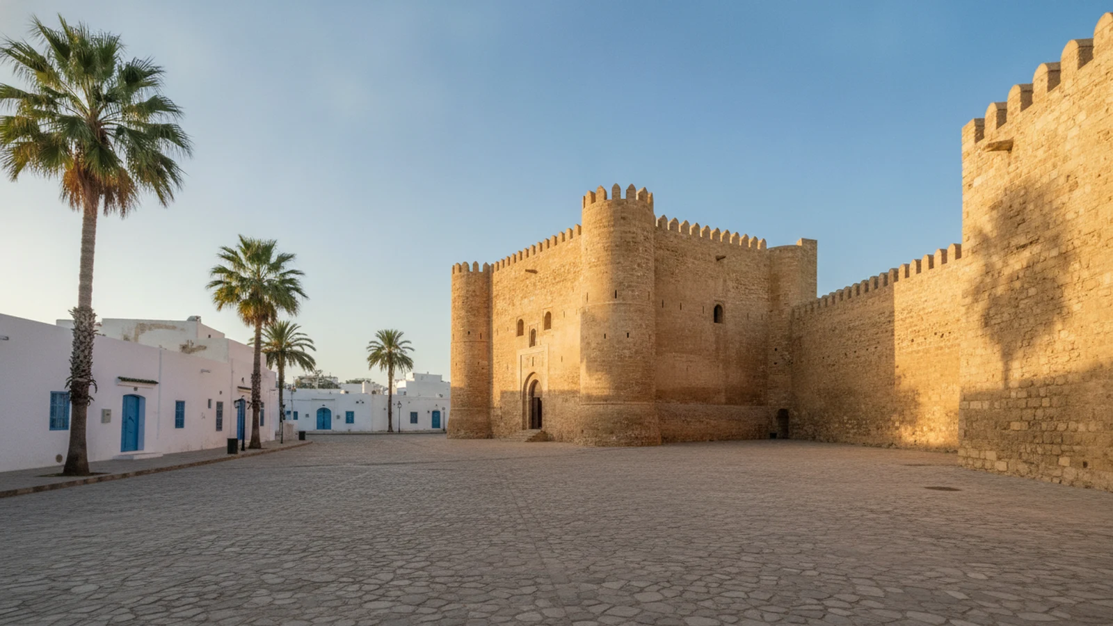 Kamenný ribat v Sousse s válcovou strážní věží na okraji mediny